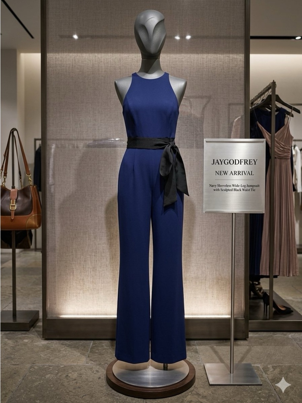 JAYGODFREY Navy Sleeveless Wide-Leg Jumpsuit with Black Waist Tie